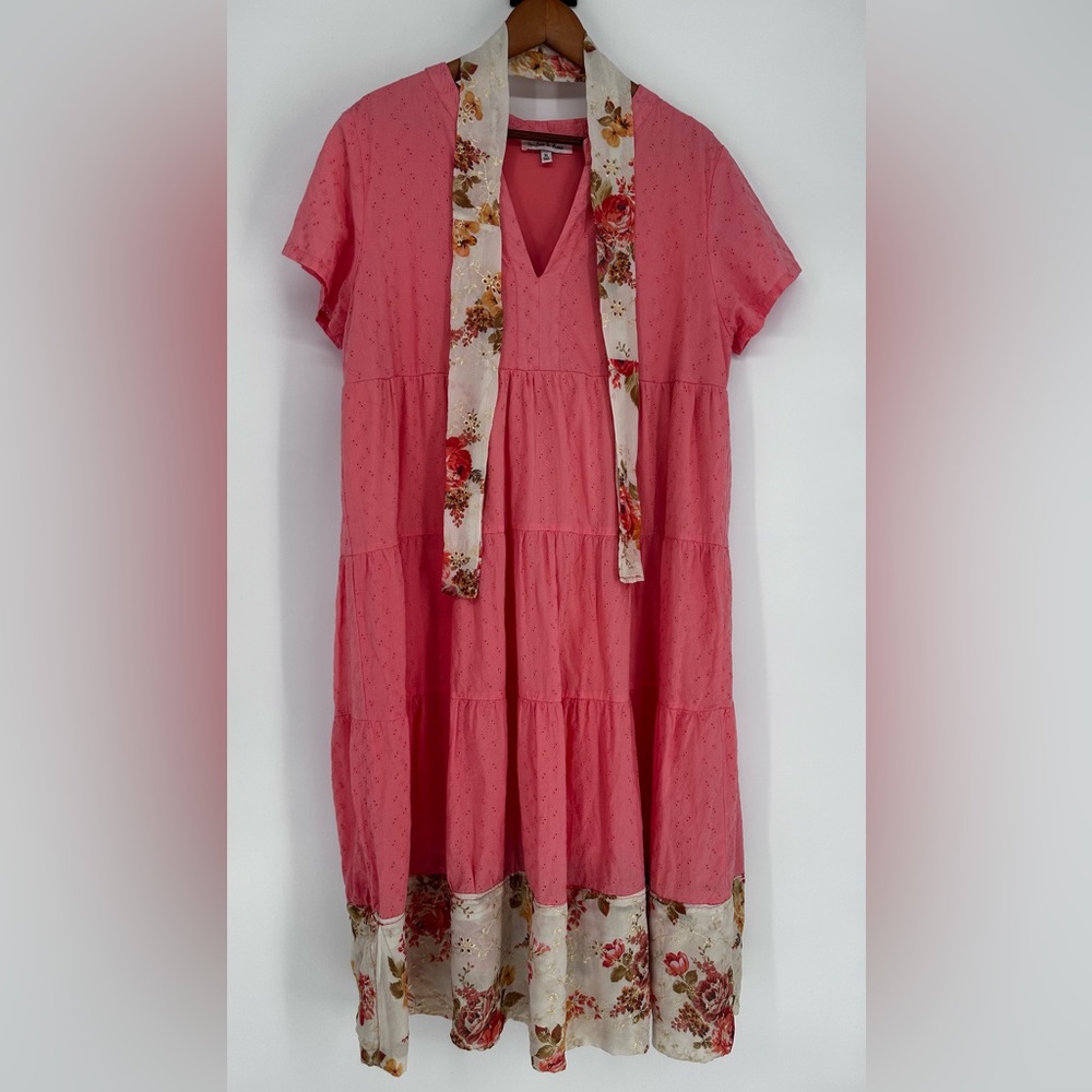 Harlow & Rose Dress Womens XL Pink Eyelet Tiered Lined Peasant Midi Length Boho